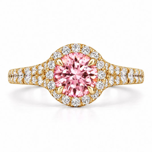Pink Round Cut Lab Grown Diamond Engagement Ring - Halo Pave in yellow gold, front view