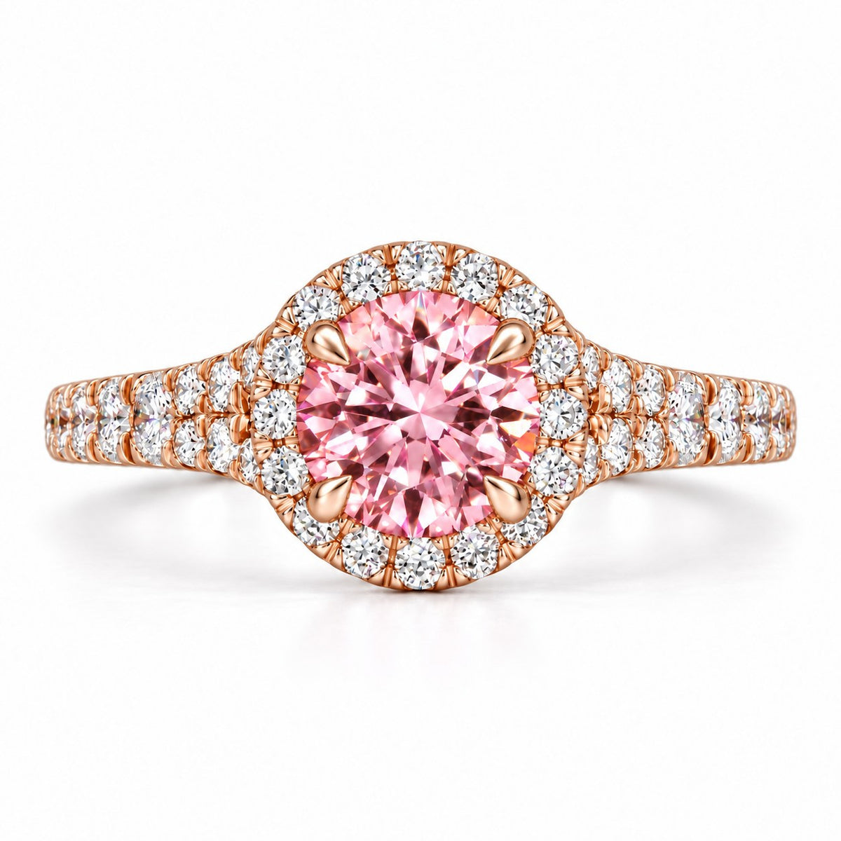 Pink Round Cut Lab Grown Diamond Engagement Ring - Halo Pave in rose gold, front view