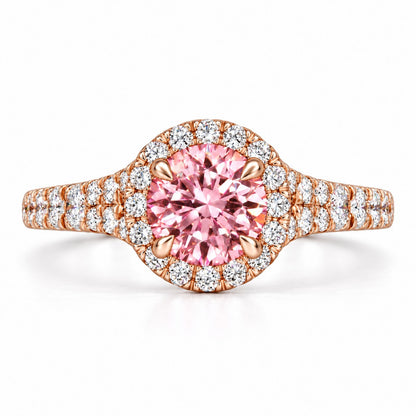 Pink Round Cut Lab Grown Diamond Engagement Ring - Halo Pave in rose gold, front view