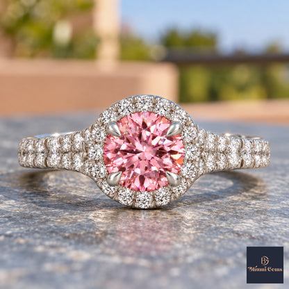 Pink Round Cut Lab Grown Diamond Engagement Ring - Halo Pave in white gold, close-up