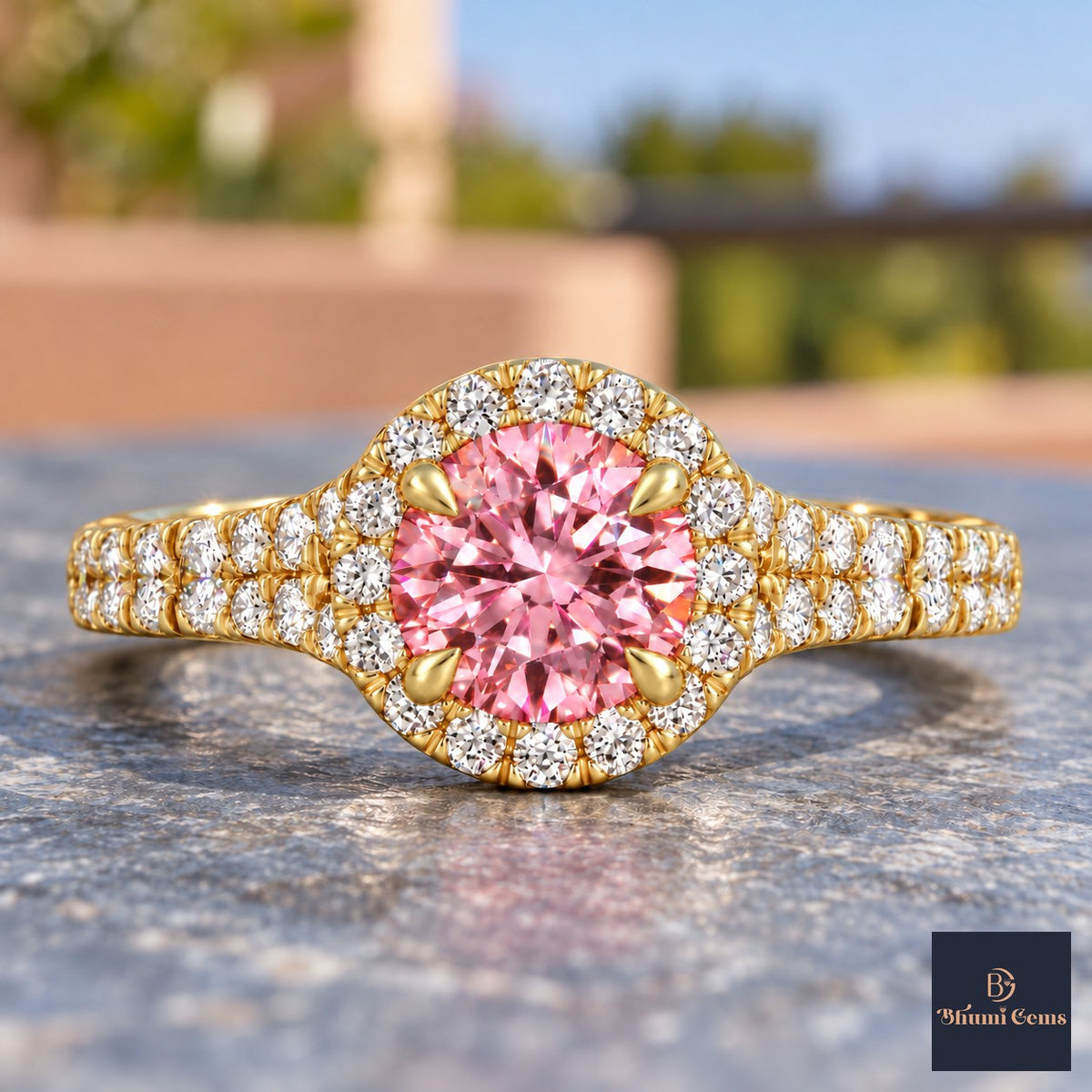 Pink Round Cut Lab Grown Diamond Engagement Ring - Halo Pave in yellow gold, close-up