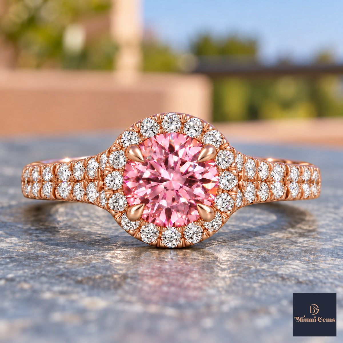 Pink Round Cut Lab Grown Diamond Engagement Ring - Halo Pave in rose gold, close-up