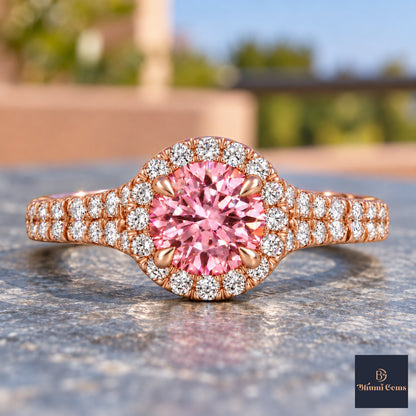 Pink Round Cut Lab Grown Diamond Engagement Ring - Halo Pave in rose gold, close-up