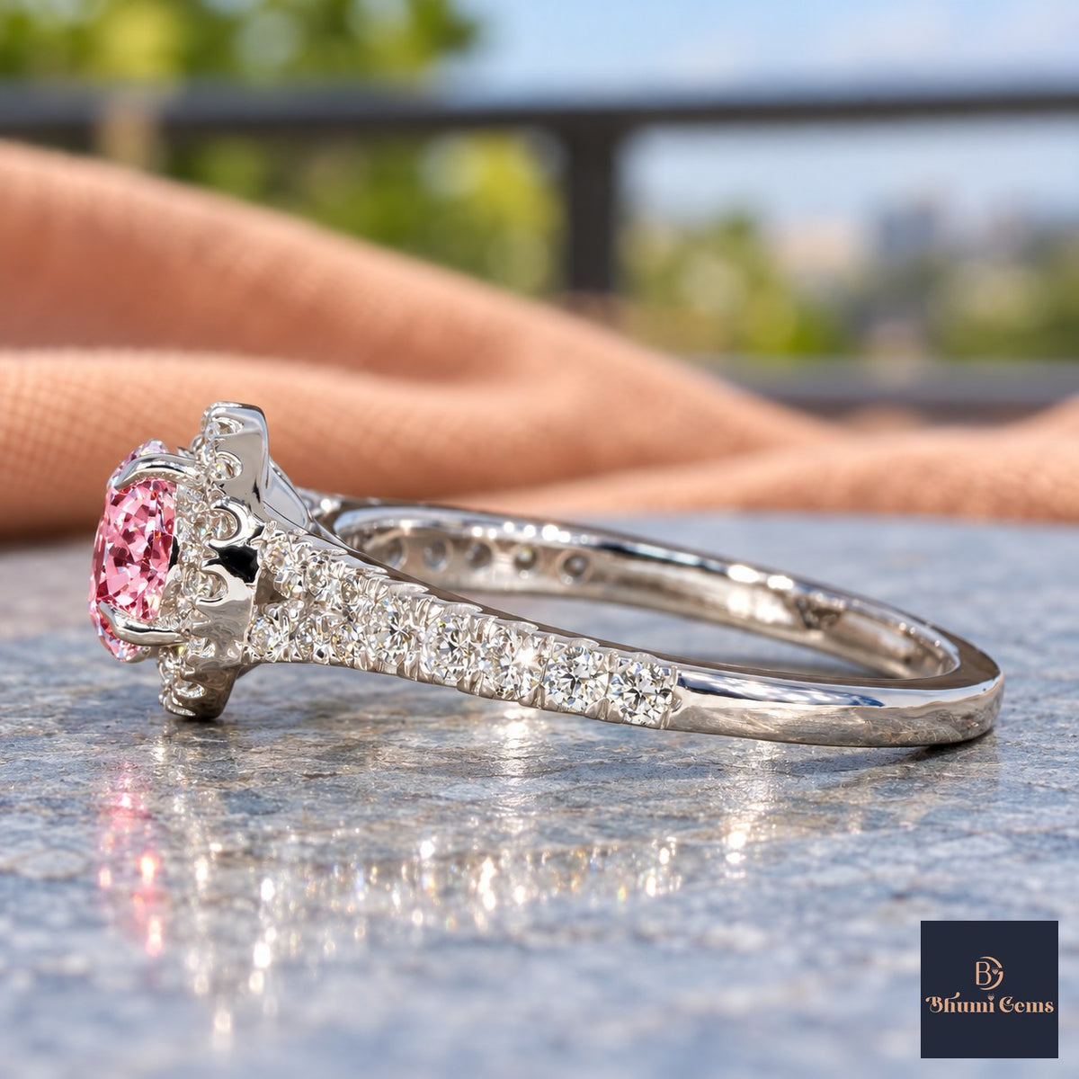 Pink Round Cut Lab Grown Diamond Engagement Ring - Halo Pave in white gold, side view