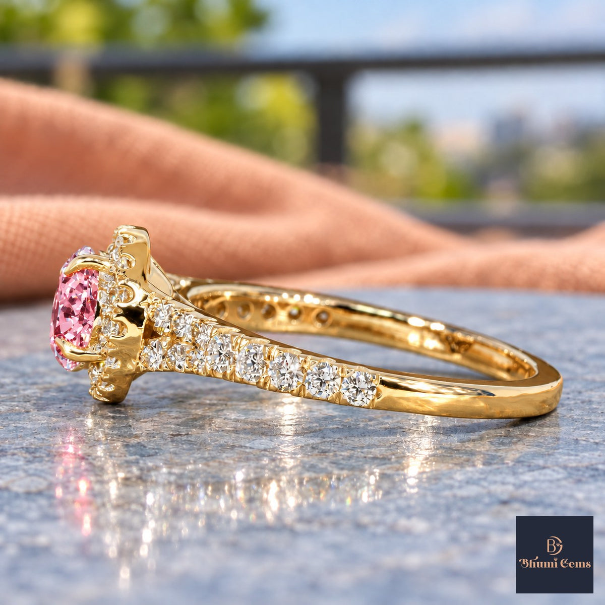 Pink Round Cut Lab Grown Diamond Engagement Ring - Halo Pave in yellow gold, side view