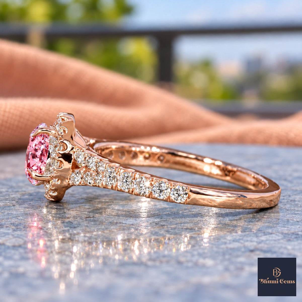 Pink Round Cut Lab Grown Diamond Engagement Ring - Halo Pave in rose gold, side view