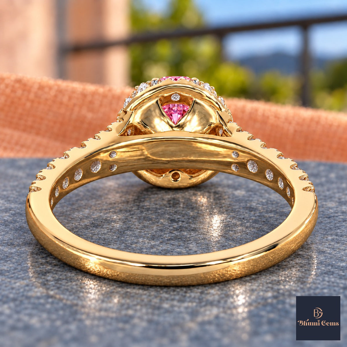 Pink Round Cut Lab Grown Diamond Engagement Ring - Halo Pave in yellow gold, gallery view