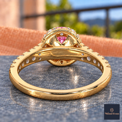 Pink Round Cut Lab Grown Diamond Engagement Ring - Halo Pave in yellow gold, gallery view