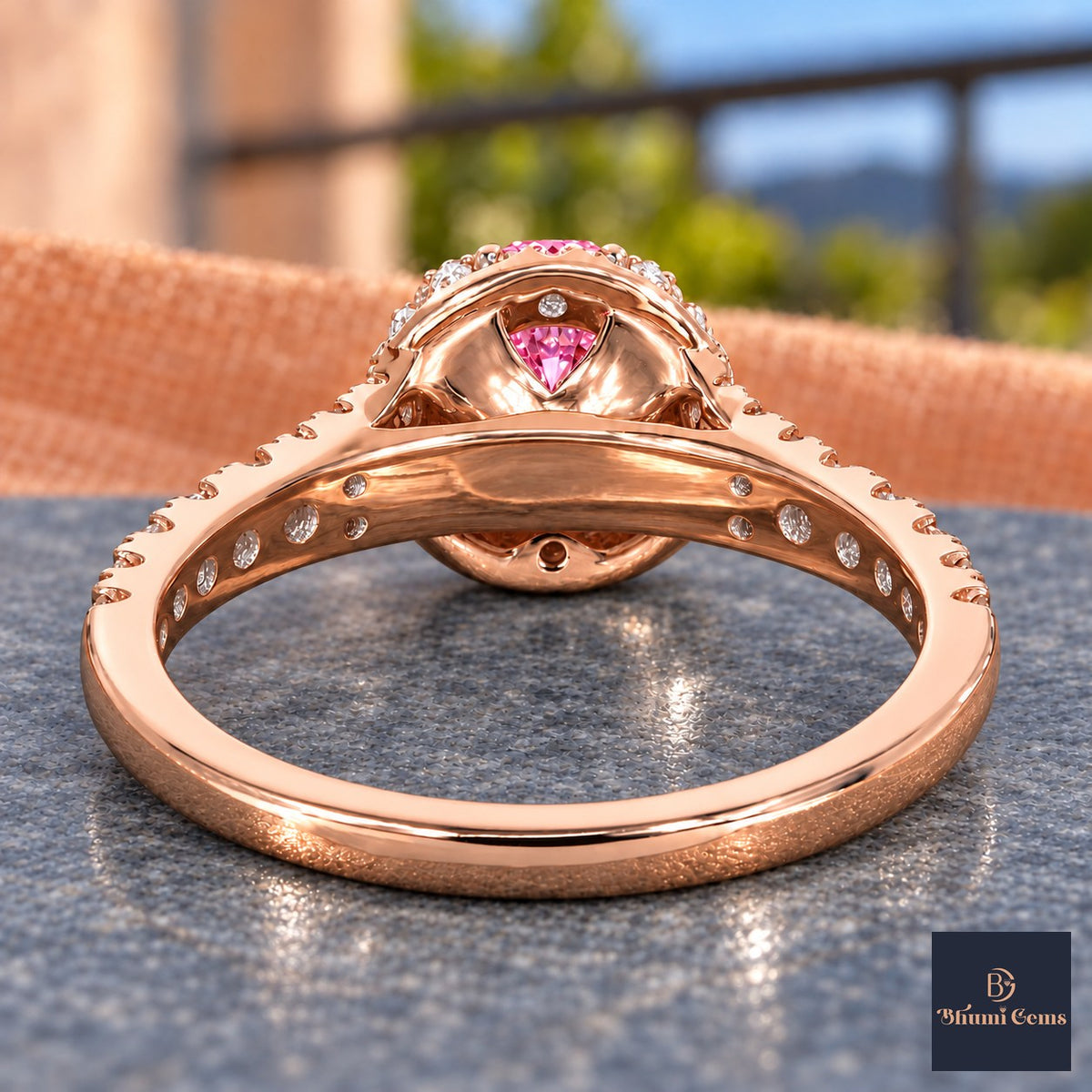 Pink Round Cut Lab Grown Diamond Engagement Ring - Halo Pave in rose gold, gallery view