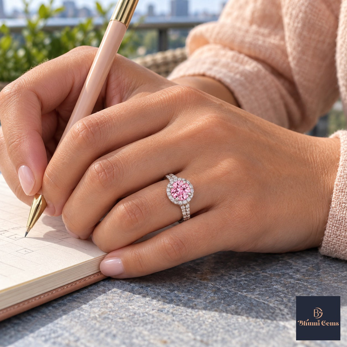 Pink Round Cut Lab Grown Diamond Engagement Ring - Halo Pave in white gold, on the hand