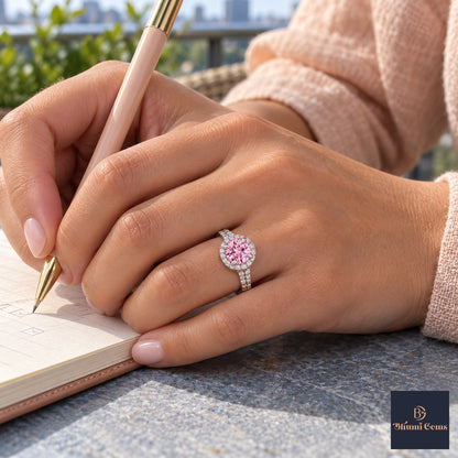 Pink Round Cut Lab Grown Diamond Engagement Ring - Halo Pave in white gold, on the hand