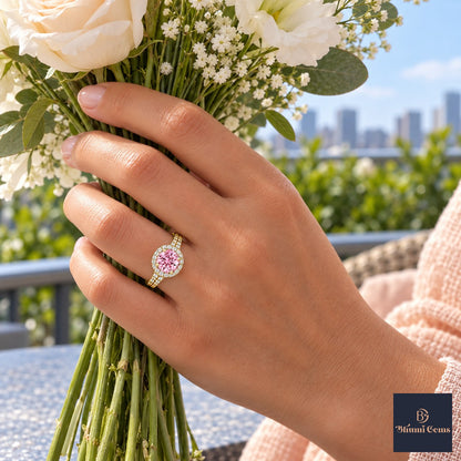 Pink Round Cut Lab Grown Diamond Engagement Ring - Halo Pave in yellow gold, on the hand