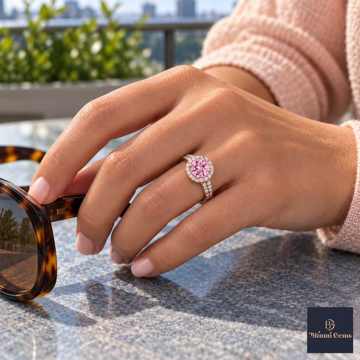 Pink Round Cut Lab Grown Diamond Engagement Ring - Halo Pave in rose gold, on the hand