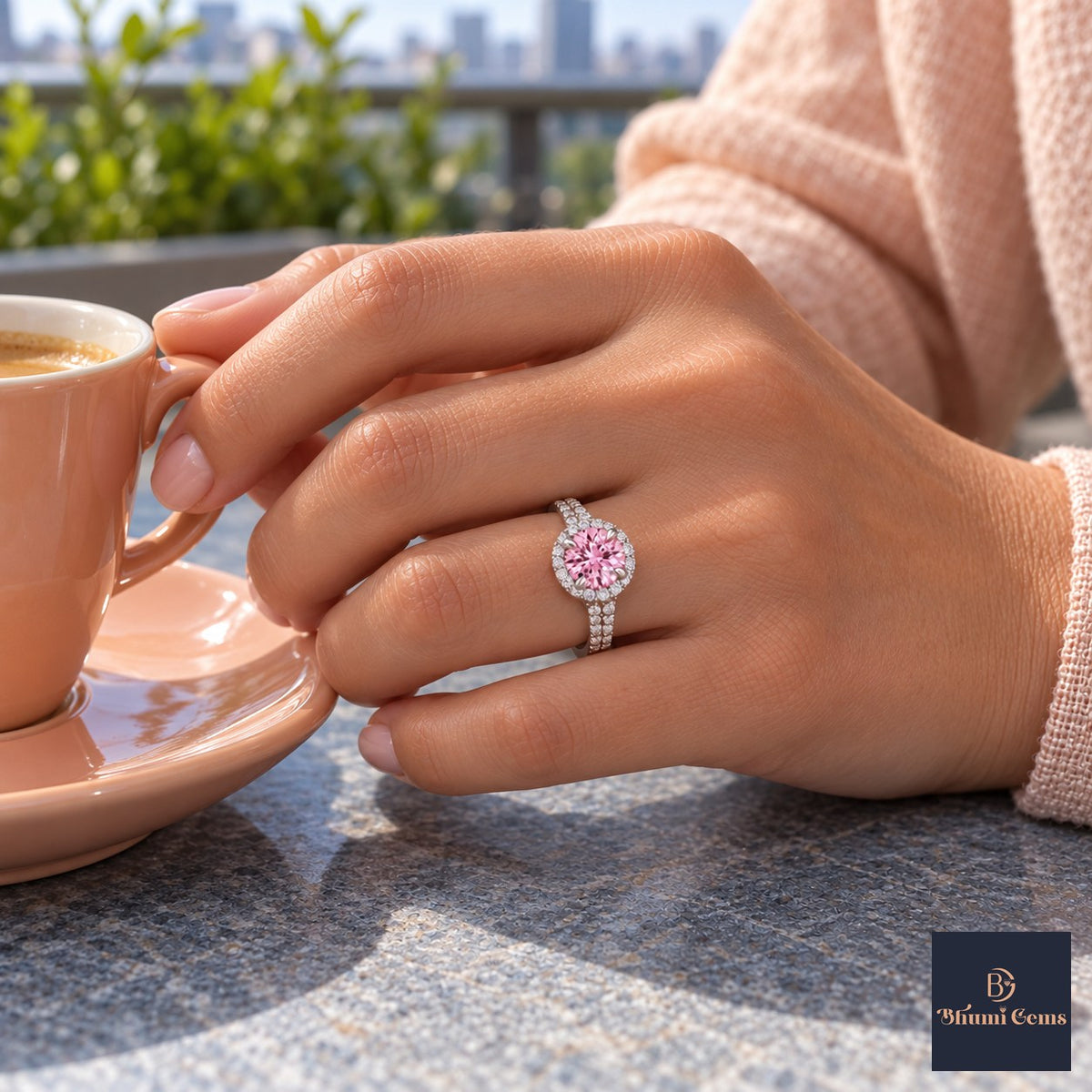 Pink Round Cut Lab Grown Diamond Engagement Ring - Halo Pave in white gold, worn on the hand