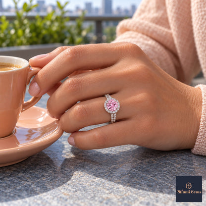 Pink Round Cut Lab Grown Diamond Engagement Ring - Halo Pave in white gold, worn on the hand