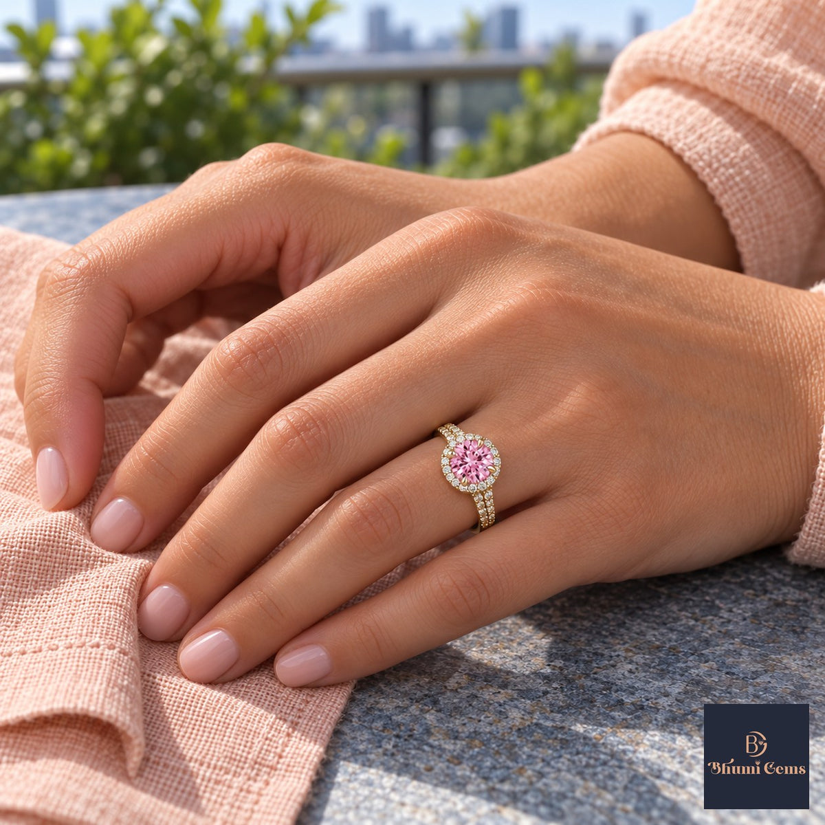 Pink Round Cut Lab Grown Diamond Engagement Ring - Halo Pave in yellow gold, worn on the hand