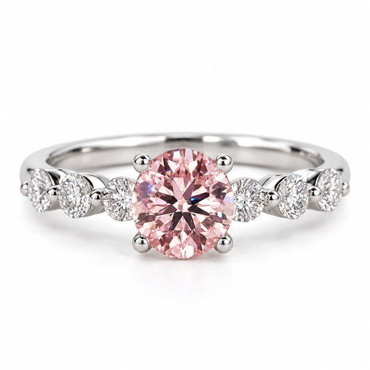 Pink Round Cut Lab Grown Diamond Engagement Ring - Marquise and Round Station Band in white gold, front view