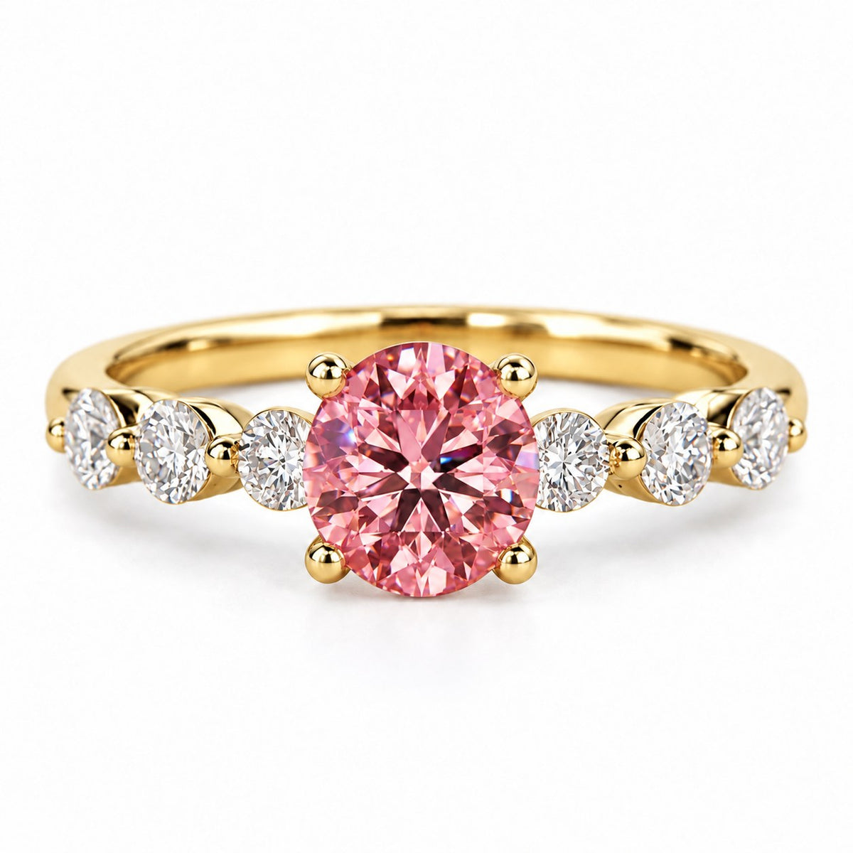 Pink Round Cut Lab Grown Diamond Engagement Ring - Marquise and Round Station Band in yellow gold, front view