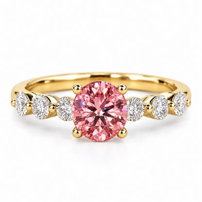 Pink Round Cut Lab Grown Diamond Engagement Ring - Marquise and Round Station Band in yellow gold, front view
