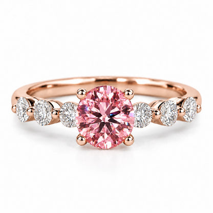 Pink Round Cut Lab Grown Diamond Engagement Ring - Marquise and Round Station Band in rose gold, front view