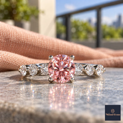 Pink Round Cut Lab Grown Diamond Engagement Ring - Marquise and Round Station Band in white gold, close-up