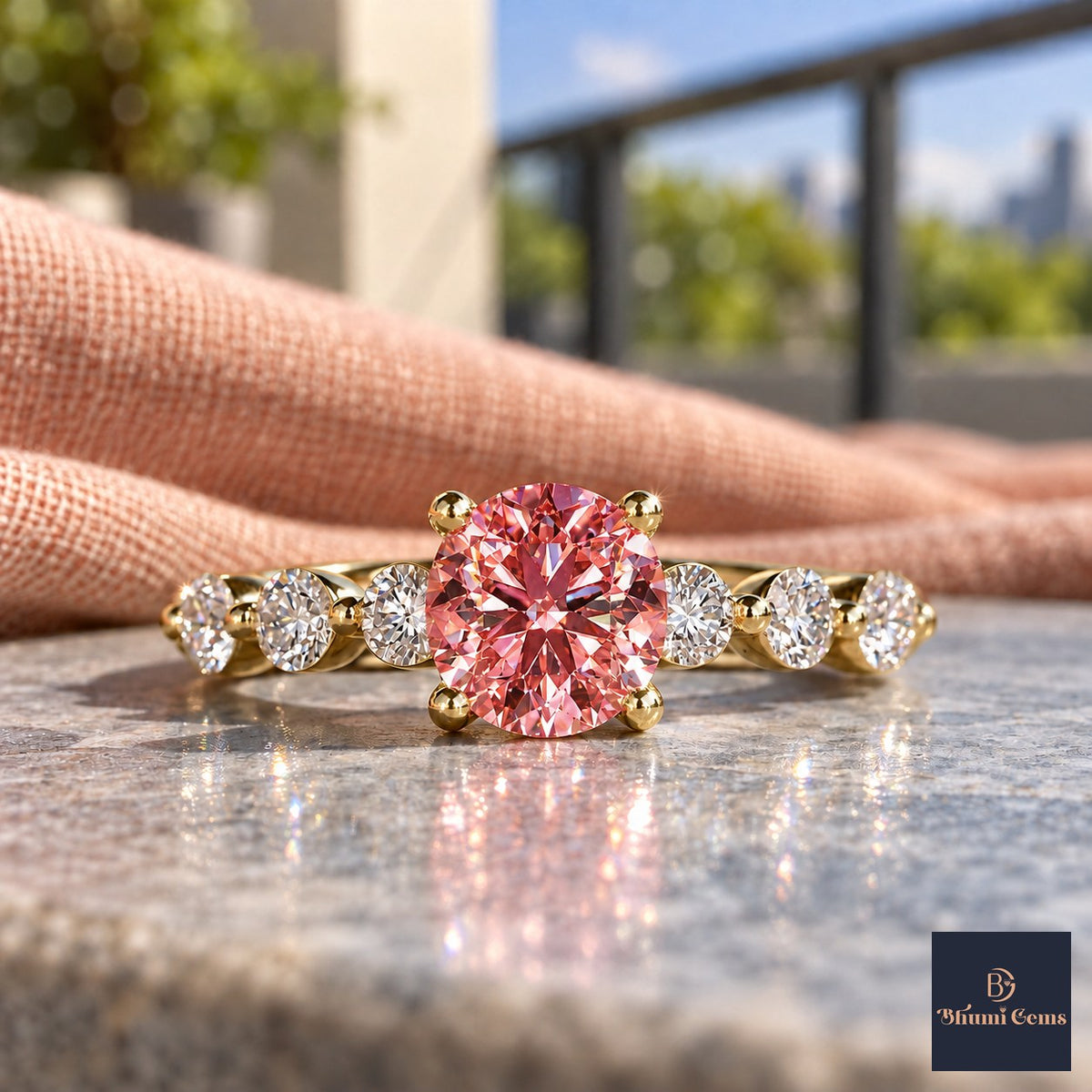Pink Round Cut Lab Grown Diamond Engagement Ring - Marquise and Round Station Band in yellow gold, close-up