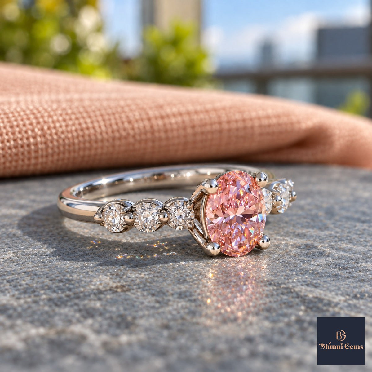 Pink Round Cut Lab Grown Diamond Engagement Ring - Marquise and Round Station Band in white gold, side view