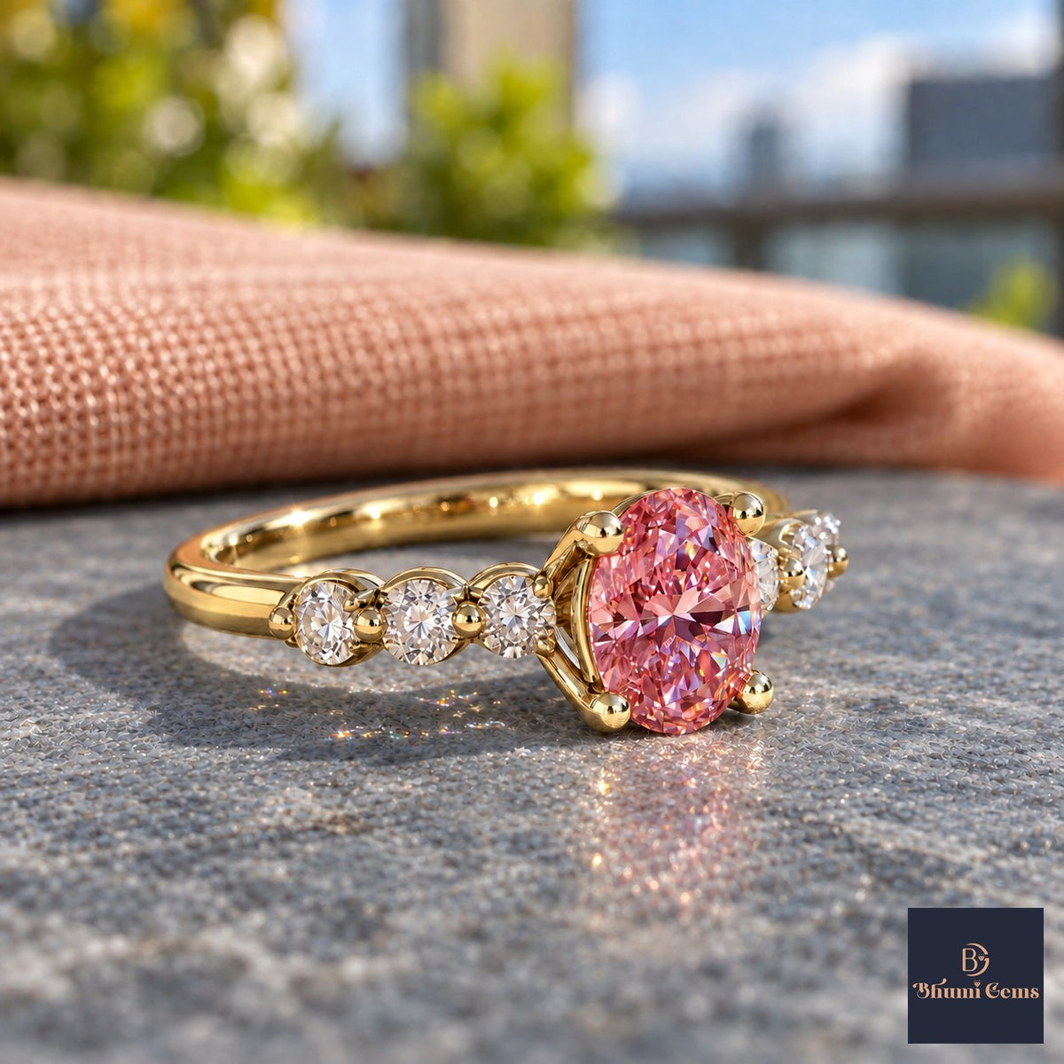 Pink Round Cut Lab Grown Diamond Engagement Ring - Marquise and Round Station Band in yellow gold, side view