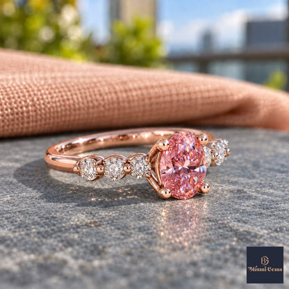 Pink Round Cut Lab Grown Diamond Engagement Ring - Marquise and Round Station Band in rose gold, side view