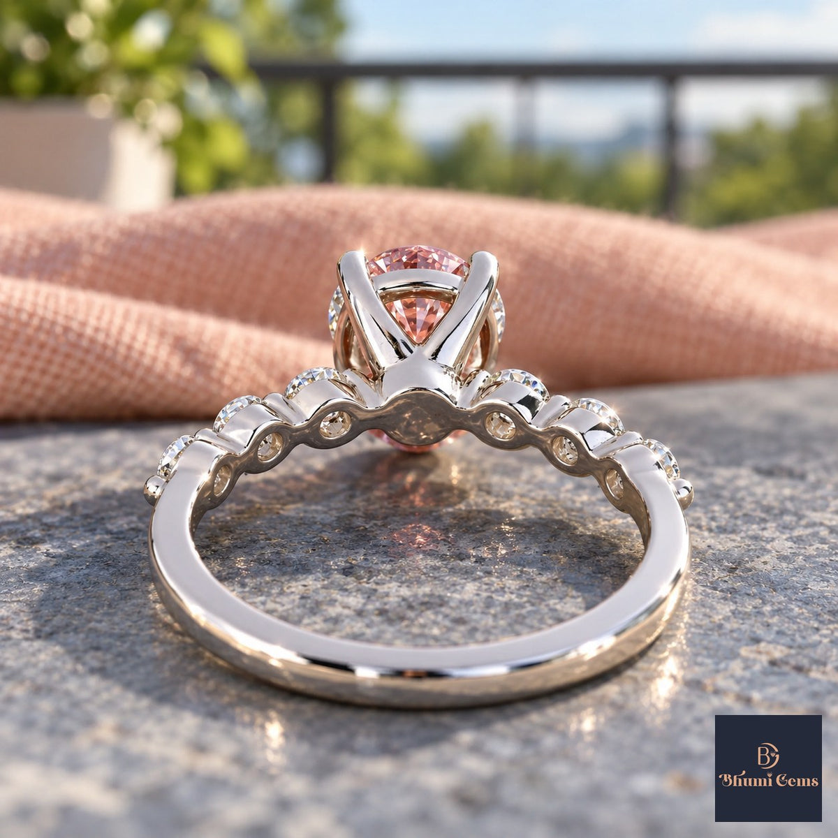 Pink Round Cut Lab Grown Diamond Engagement Ring - Marquise and Round Station Band in white gold, gallery view