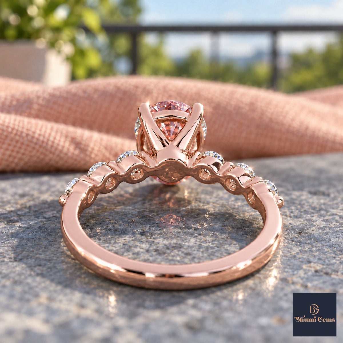 Pink Round Cut Lab Grown Diamond Engagement Ring - Marquise and Round Station Band in rose gold, gallery view