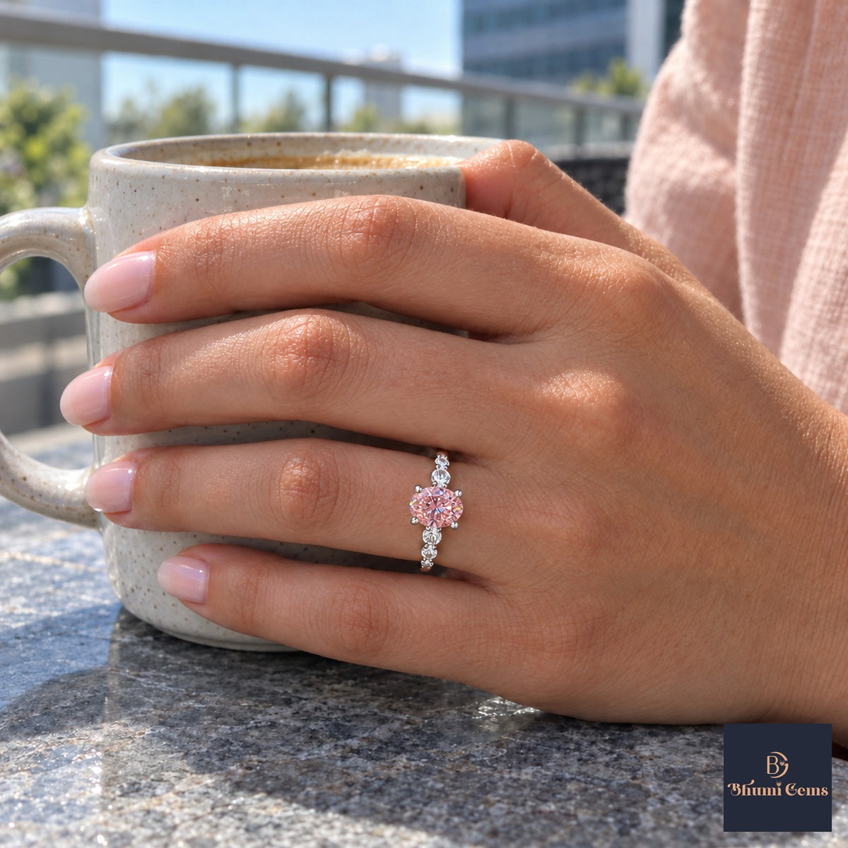 Pink Round Cut Lab Grown Diamond Engagement Ring - Marquise and Round Station Band in white gold, worn on the hand