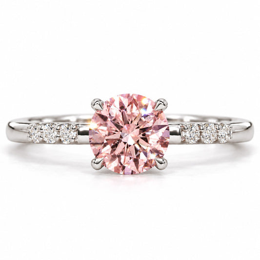 Pink Round Cut Lab Grown Diamond Engagement Ring - Pave Shoulders in white gold, front view