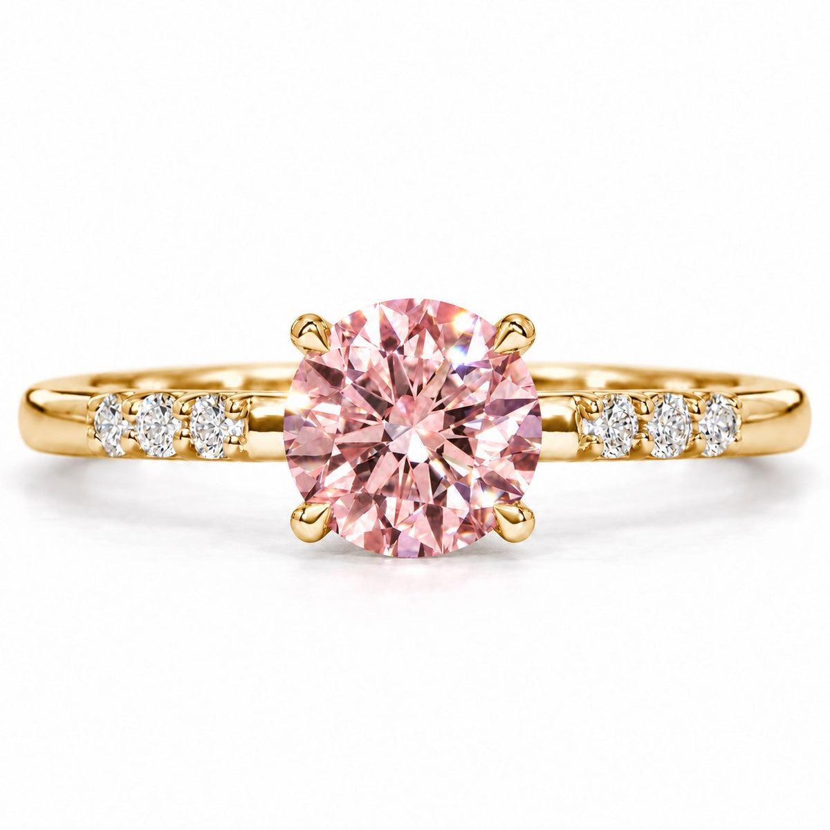 Pink Round Cut Lab Grown Diamond Engagement Ring - Pave Shoulders in yellow gold, front view