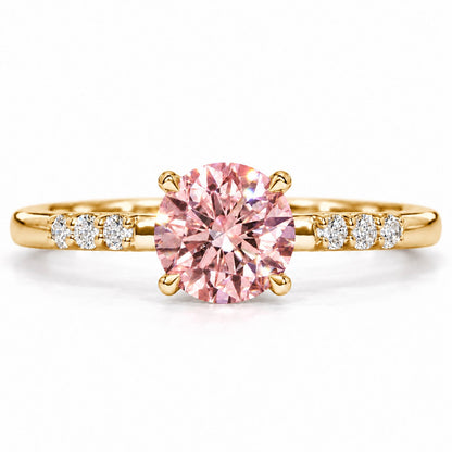 Pink Round Cut Lab Grown Diamond Engagement Ring - Pave Shoulders in yellow gold, front view