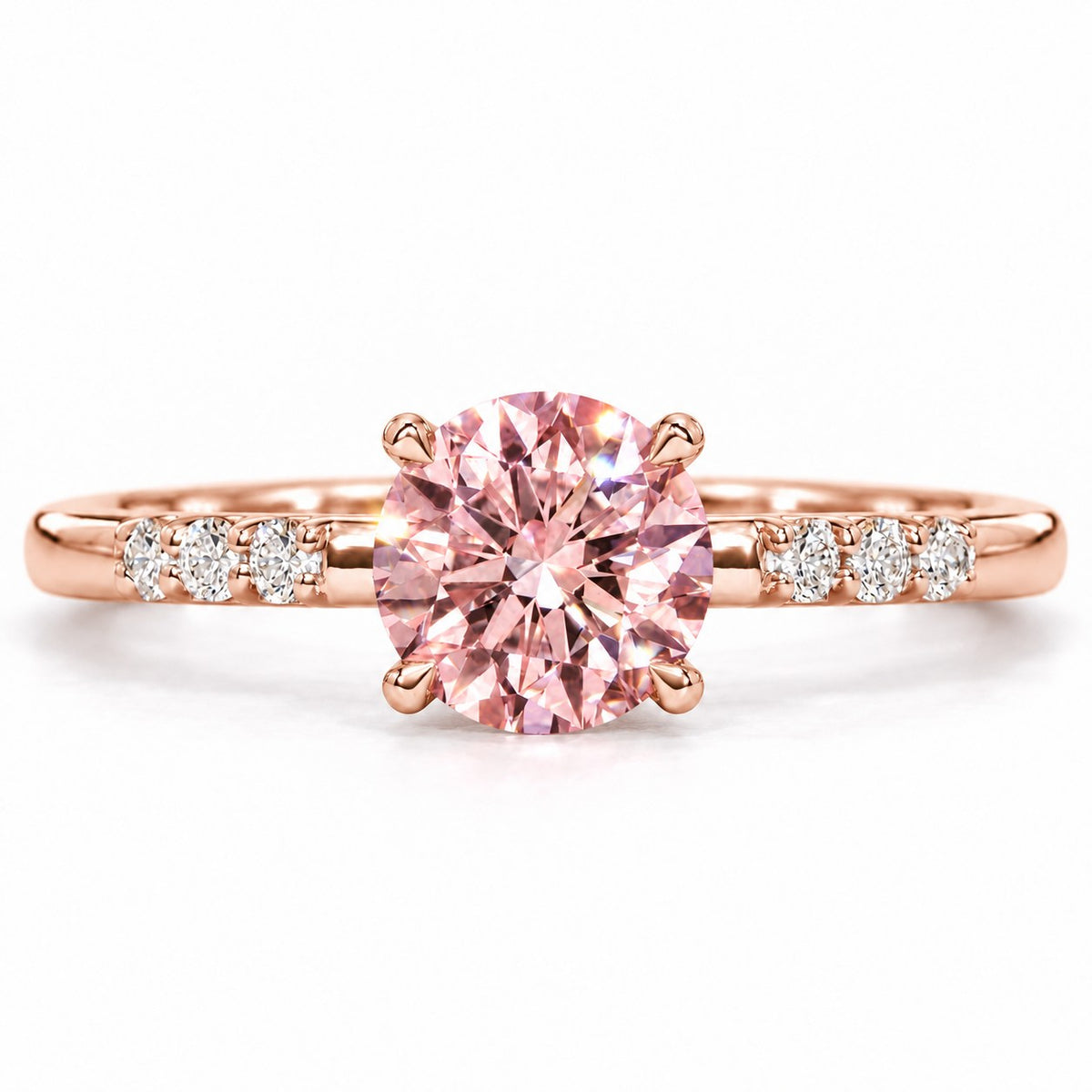 Pink Round Cut Lab Grown Diamond Engagement Ring - Pave Shoulders in rose gold, front view