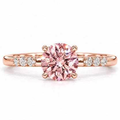 Pink Round Cut Lab Grown Diamond Engagement Ring - Pave Shoulders in rose gold, front view