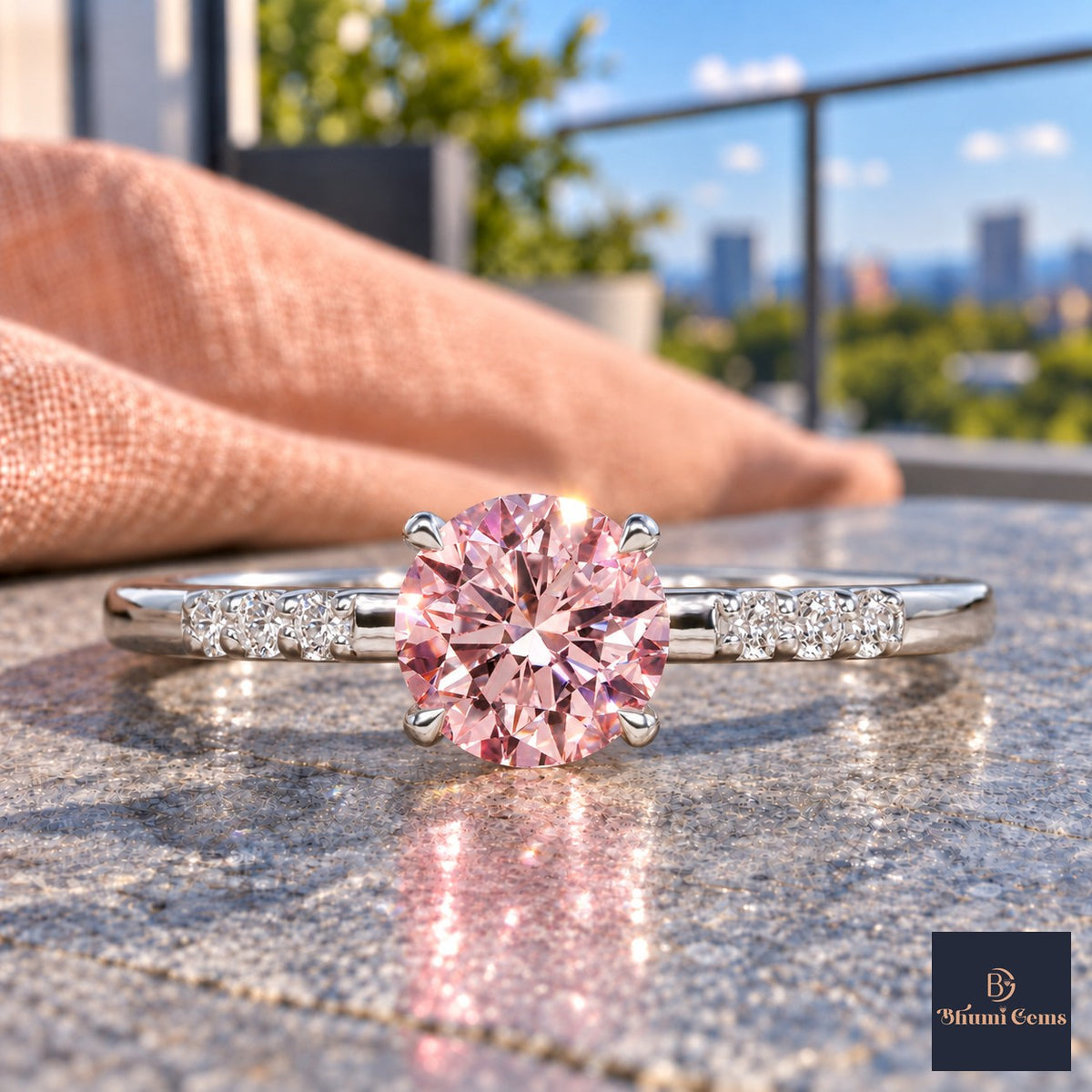 Pink Round Cut Lab Grown Diamond Engagement Ring - Pave Shoulders in white gold, close-up