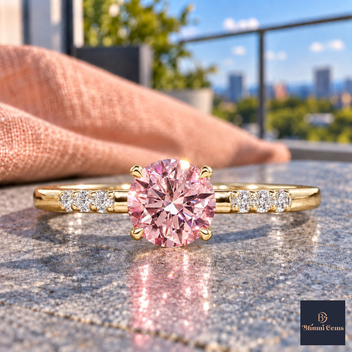 Pink Round Cut Lab Grown Diamond Engagement Ring - Pave Shoulders in yellow gold, close-up