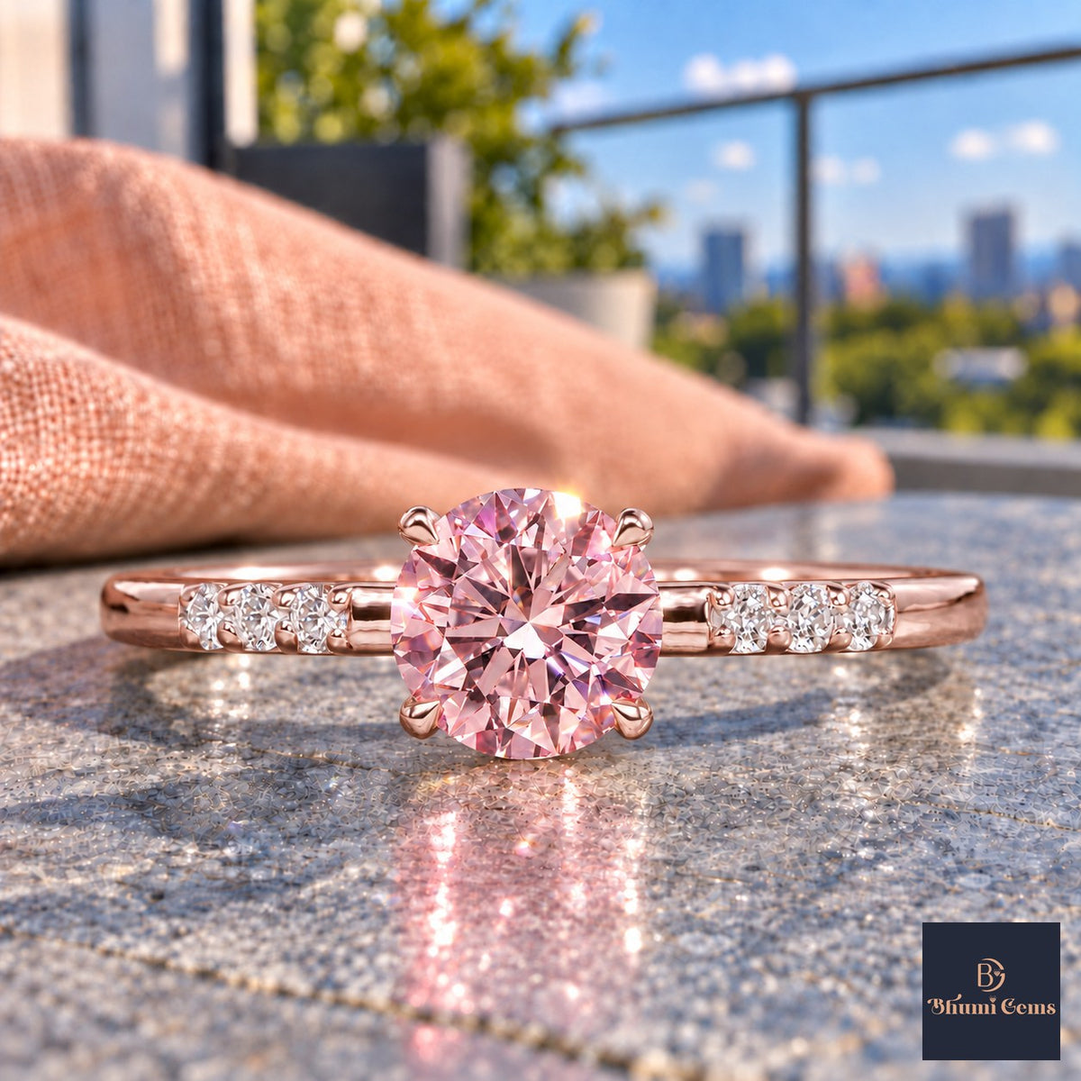 Pink Round Cut Lab Grown Diamond Engagement Ring - Pave Shoulders in rose gold, close-up