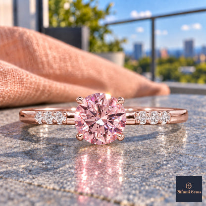 Pink Round Cut Lab Grown Diamond Engagement Ring - Pave Shoulders in rose gold, close-up