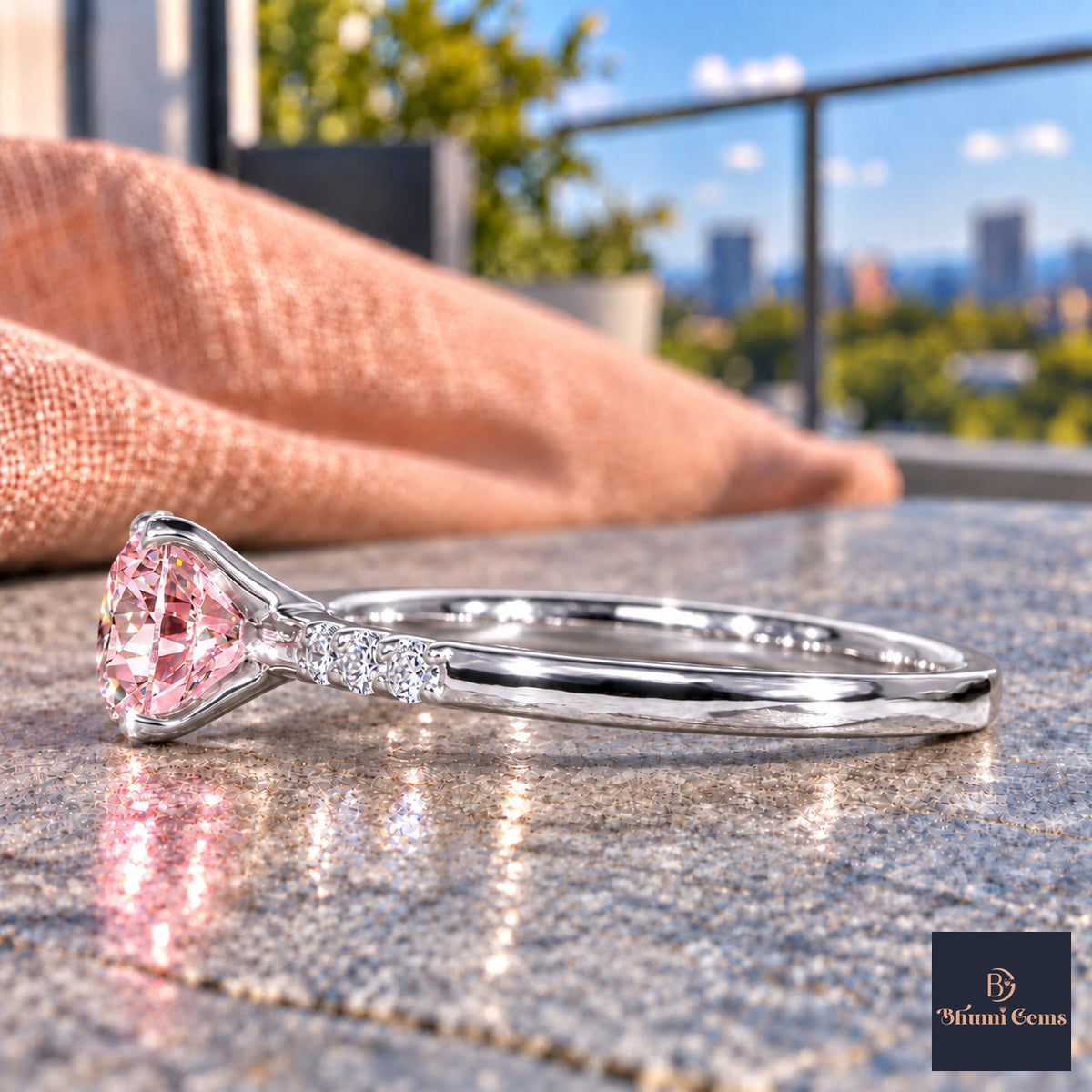Pink Round Cut Lab Grown Diamond Engagement Ring - Pave Shoulders in white gold, side view