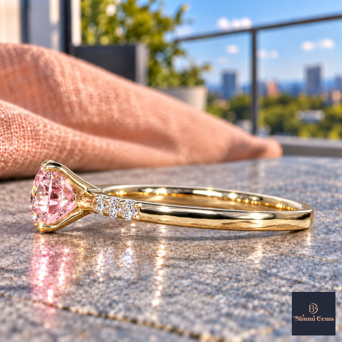 Pink Round Cut Lab Grown Diamond Engagement Ring - Pave Shoulders in yellow gold, side view