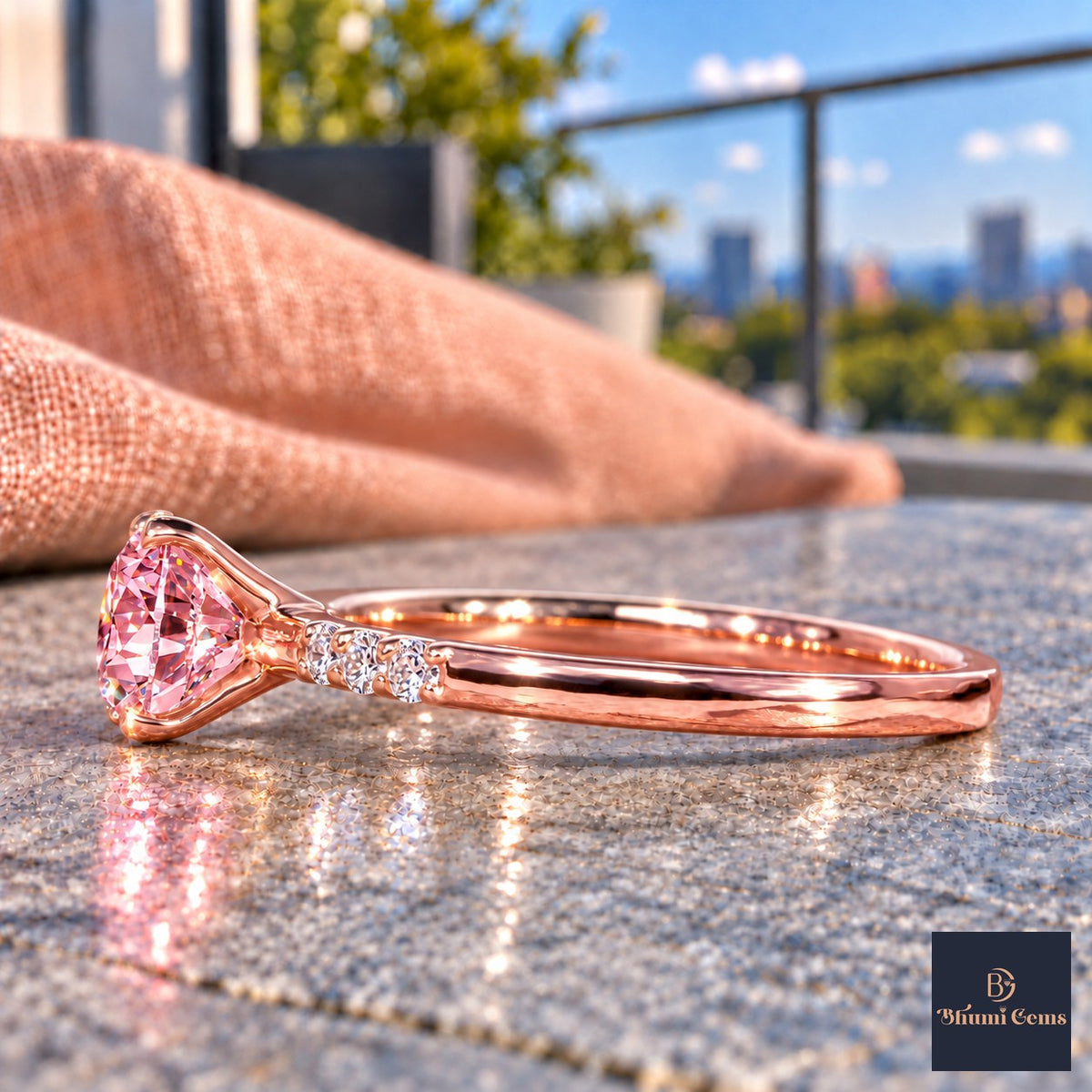 Pink Round Cut Lab Grown Diamond Engagement Ring - Pave Shoulders in rose gold, side view