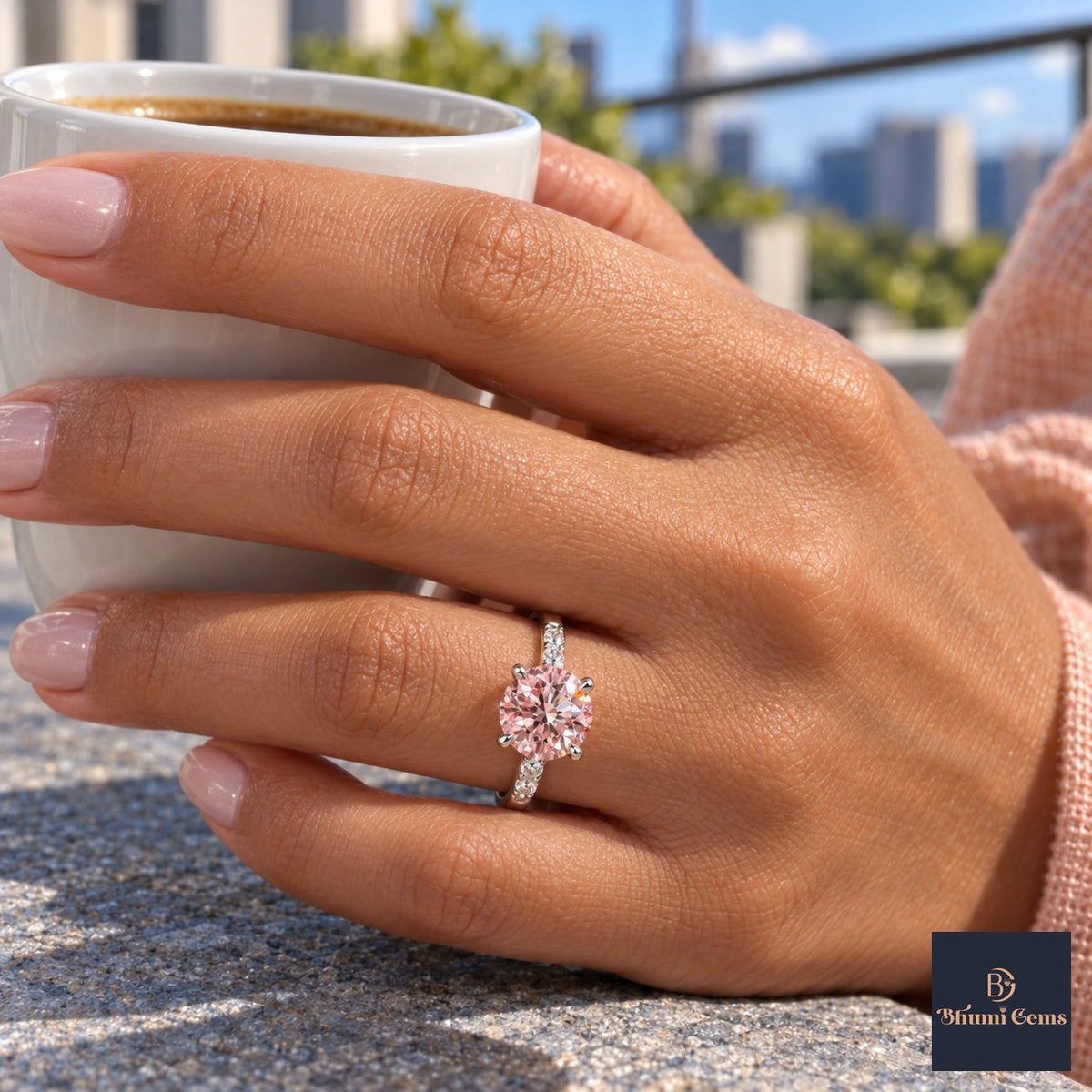 Pink Round Cut Lab Grown Diamond Engagement Ring - Pave Shoulders in white gold, on the hand