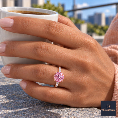 Pink Round Cut Lab Grown Diamond Engagement Ring - Pave Shoulders in rose gold, on the hand
