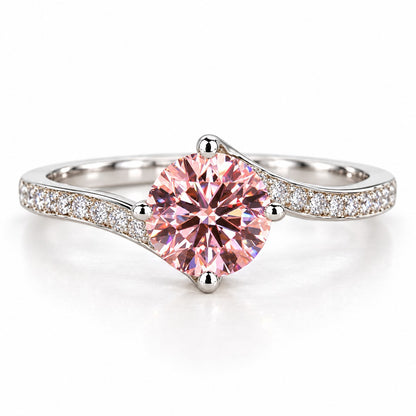 Pink Round Cut Lab Grown Diamond Engagement Ring - Pave Twist Bypass in white gold, front view