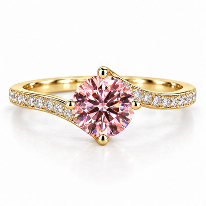 Pink Round Cut Lab Grown Diamond Engagement Ring - Pave Twist Bypass in yellow gold, front view