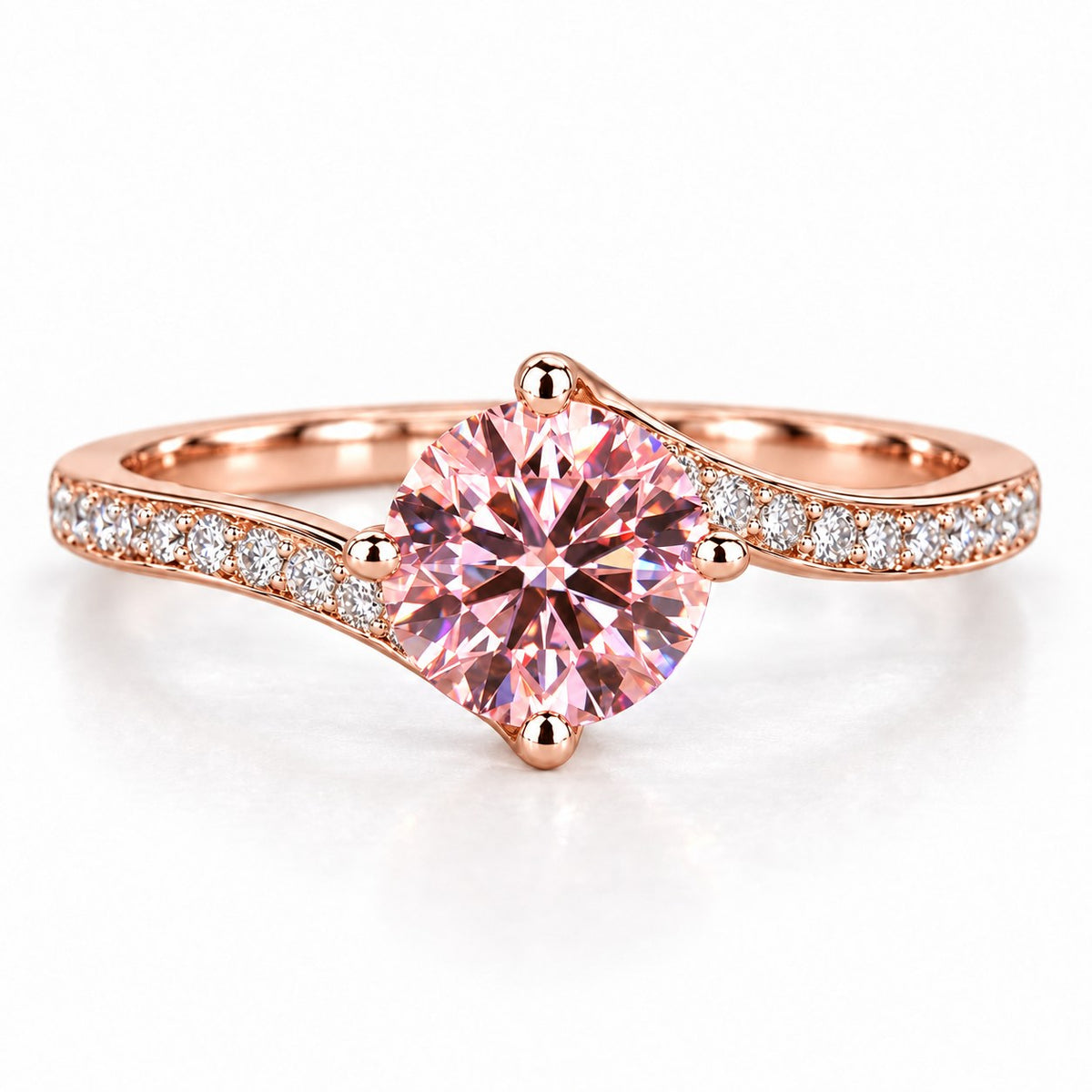 Pink Round Cut Lab Grown Diamond Engagement Ring - Pave Twist Bypass in rose gold, front view