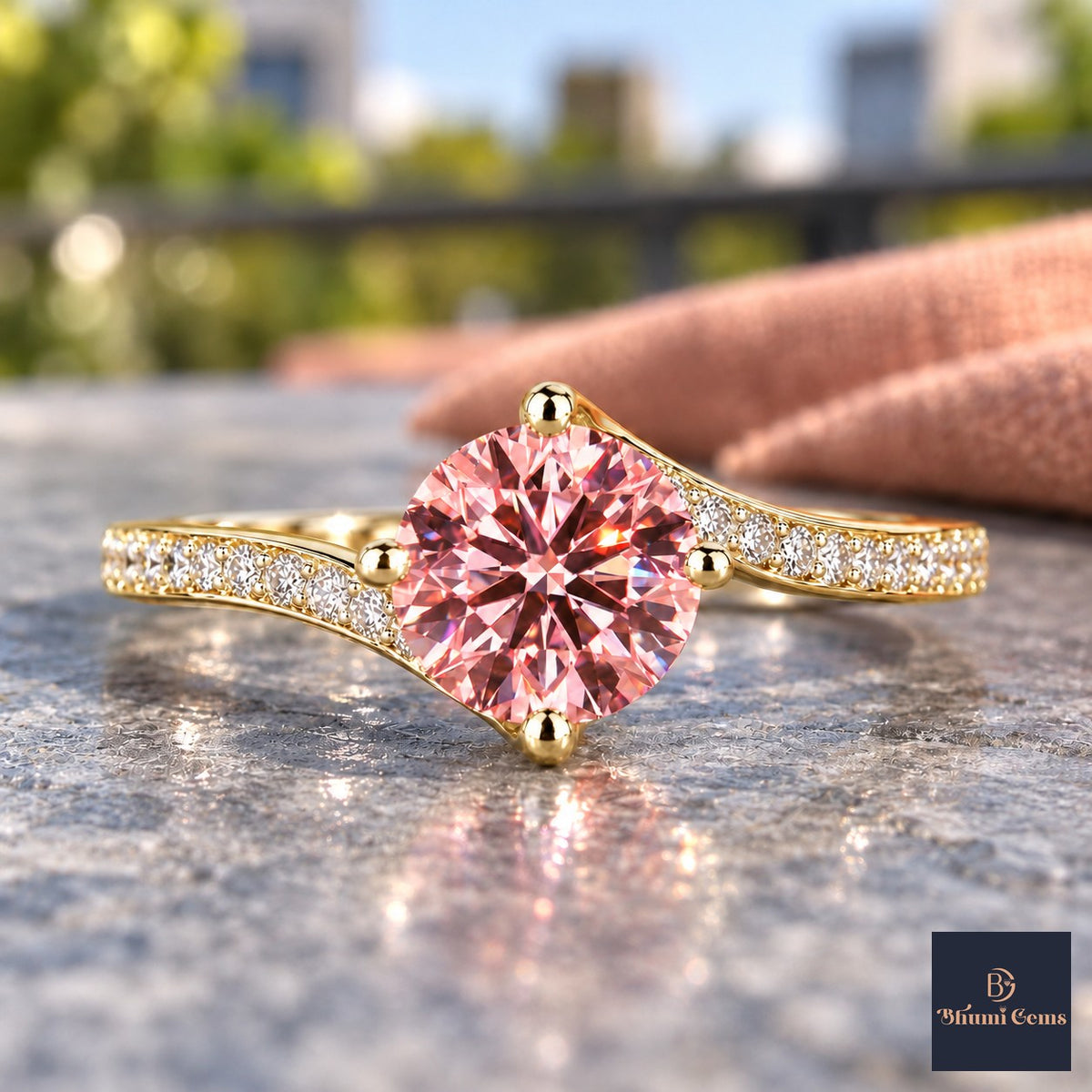 Pink Round Cut Lab Grown Diamond Engagement Ring - Pave Twist Bypass in yellow gold, close-up